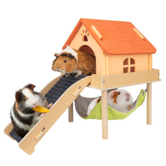 BESNEW 3-in-1 guinea pig setup assembled view showing hammock, platform, and stairs for playing and resting.