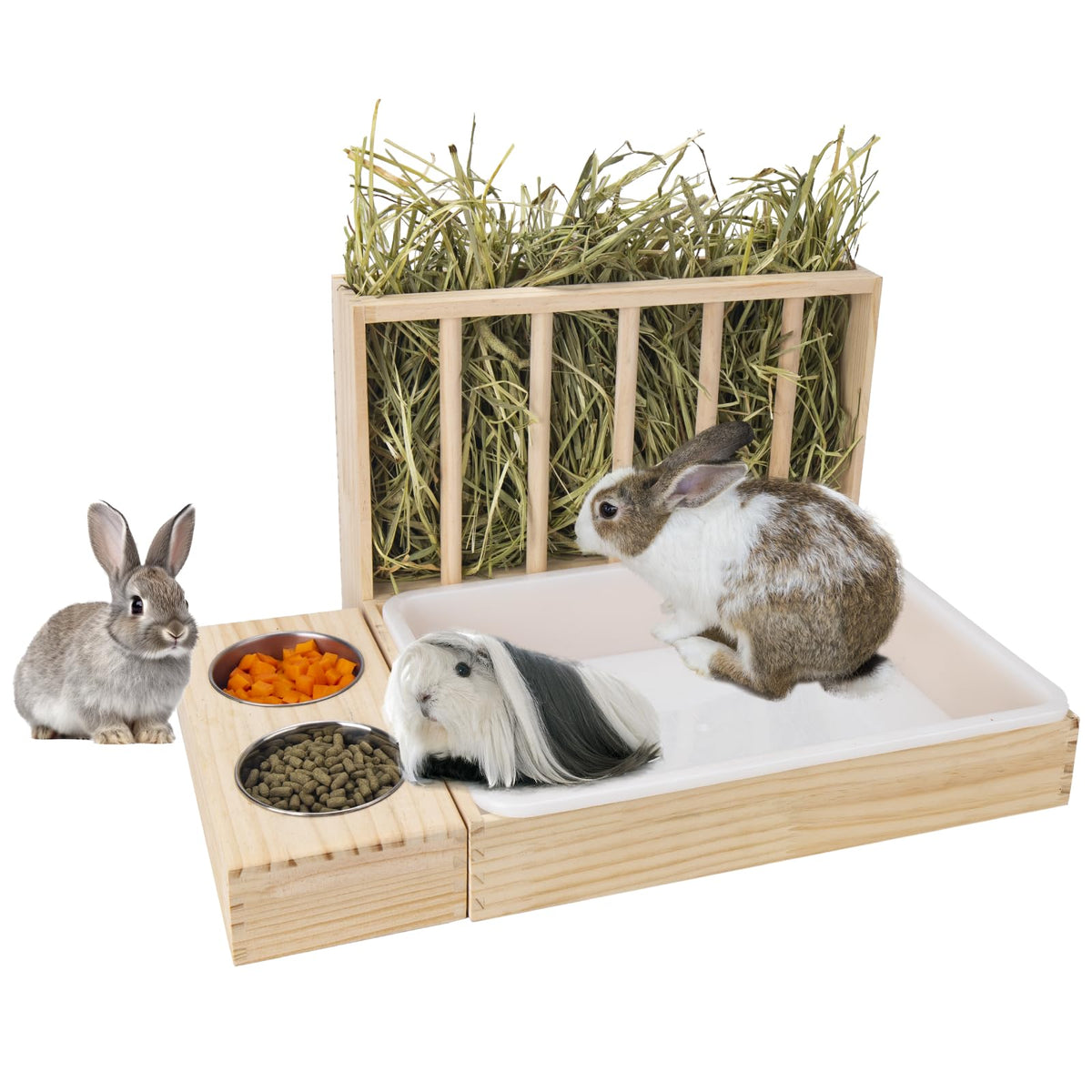 BESNEW 3-in-1 rabbit hay feeder with litter box setup for tidy feeding.