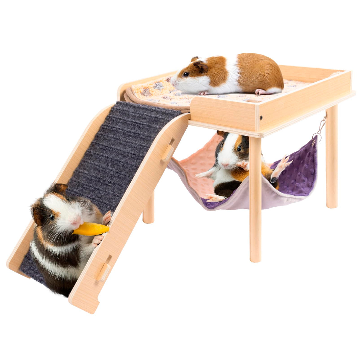 BESNEW enlarged guinea pig hammock with platform and stairs, showing guardrails.