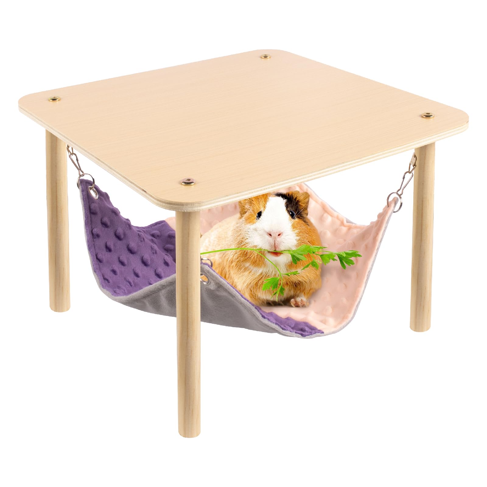 BESNEW enlarged guinea pig hammock wooden stand showcases sturdy, cozy resting setup.