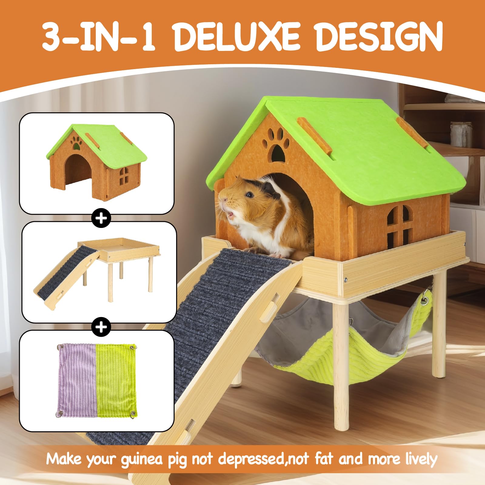 BESNEW wooden guinea pig hideout with hammock emphasizes natural wood and cozy hideaway.