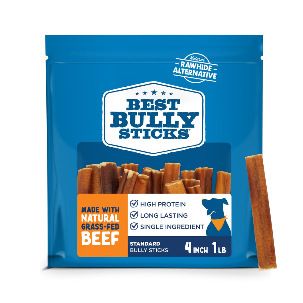 Best Bully Sticks 4 Inch pack closeup shows natural beef chew for small dogs' boredom relief.