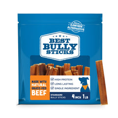 Best Bully Sticks 4 Inch pack closeup shows natural beef chew for small dogs' boredom relief.