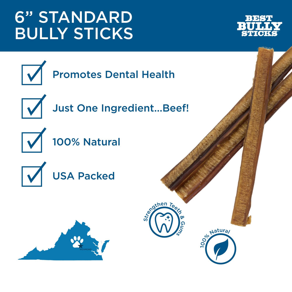 Best Bully Sticks 6in dog chew closeup—natural, single-ingredient beef chew for dental support.