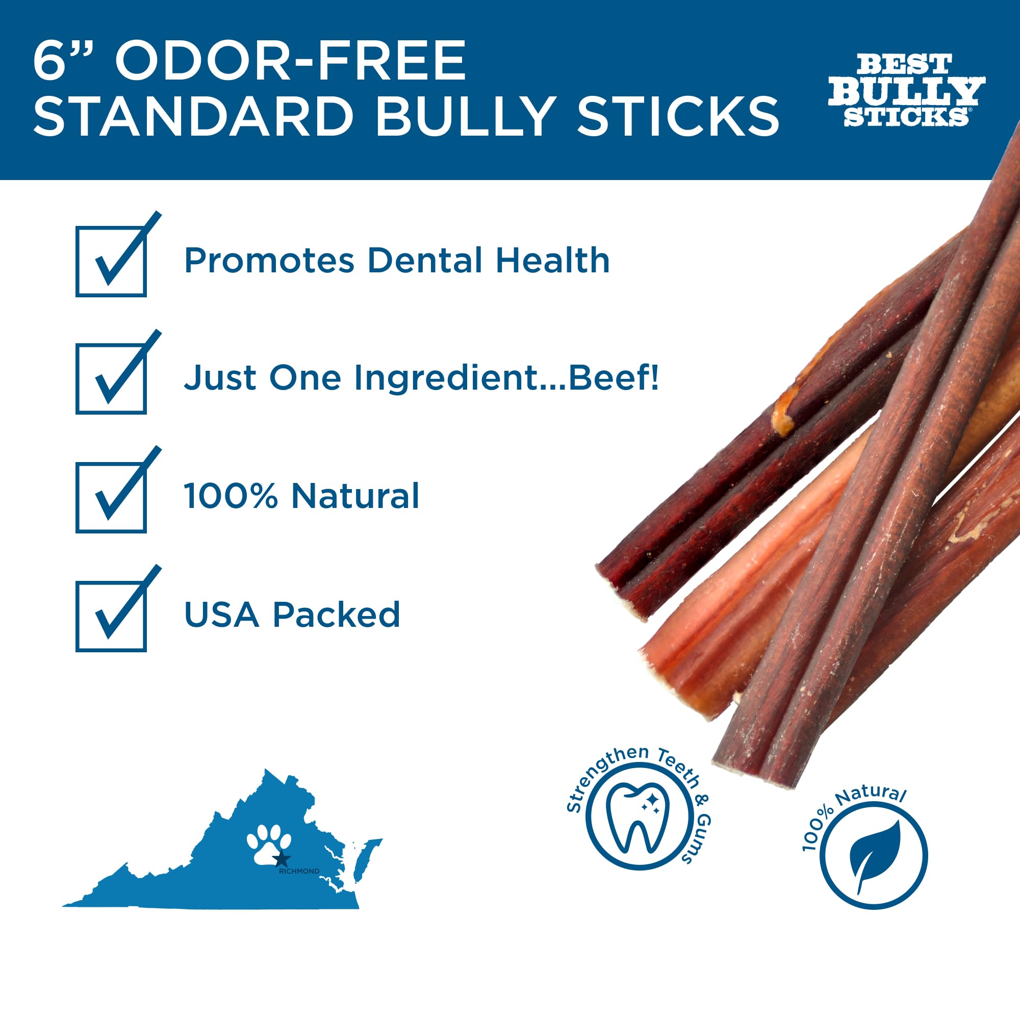 Best Bully Sticks 6in odor-free closeup reveals natural beef color and durable texture