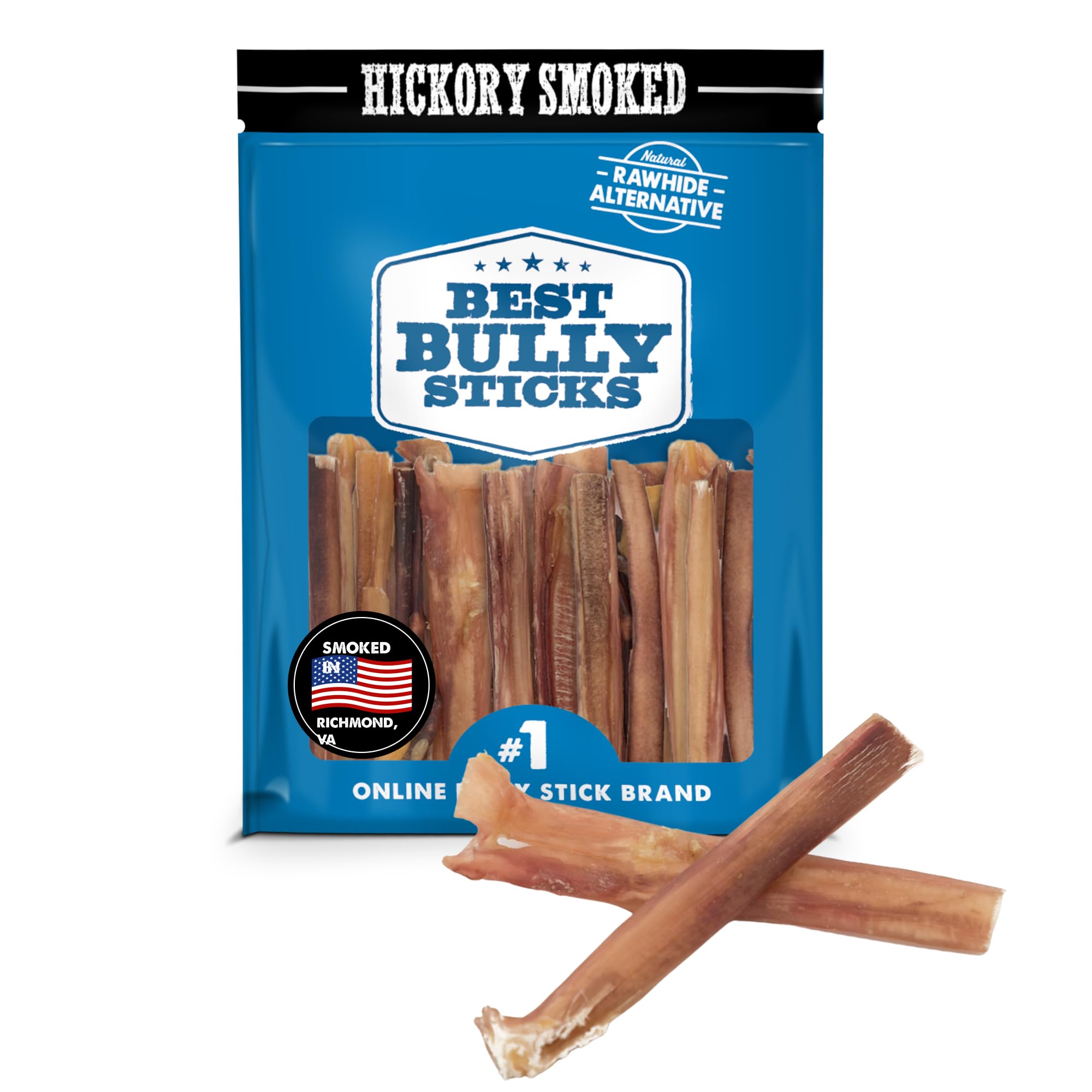 Best Bully Sticks Hickory Smoked 4in pack front with 8 oz beef chews for dogs.