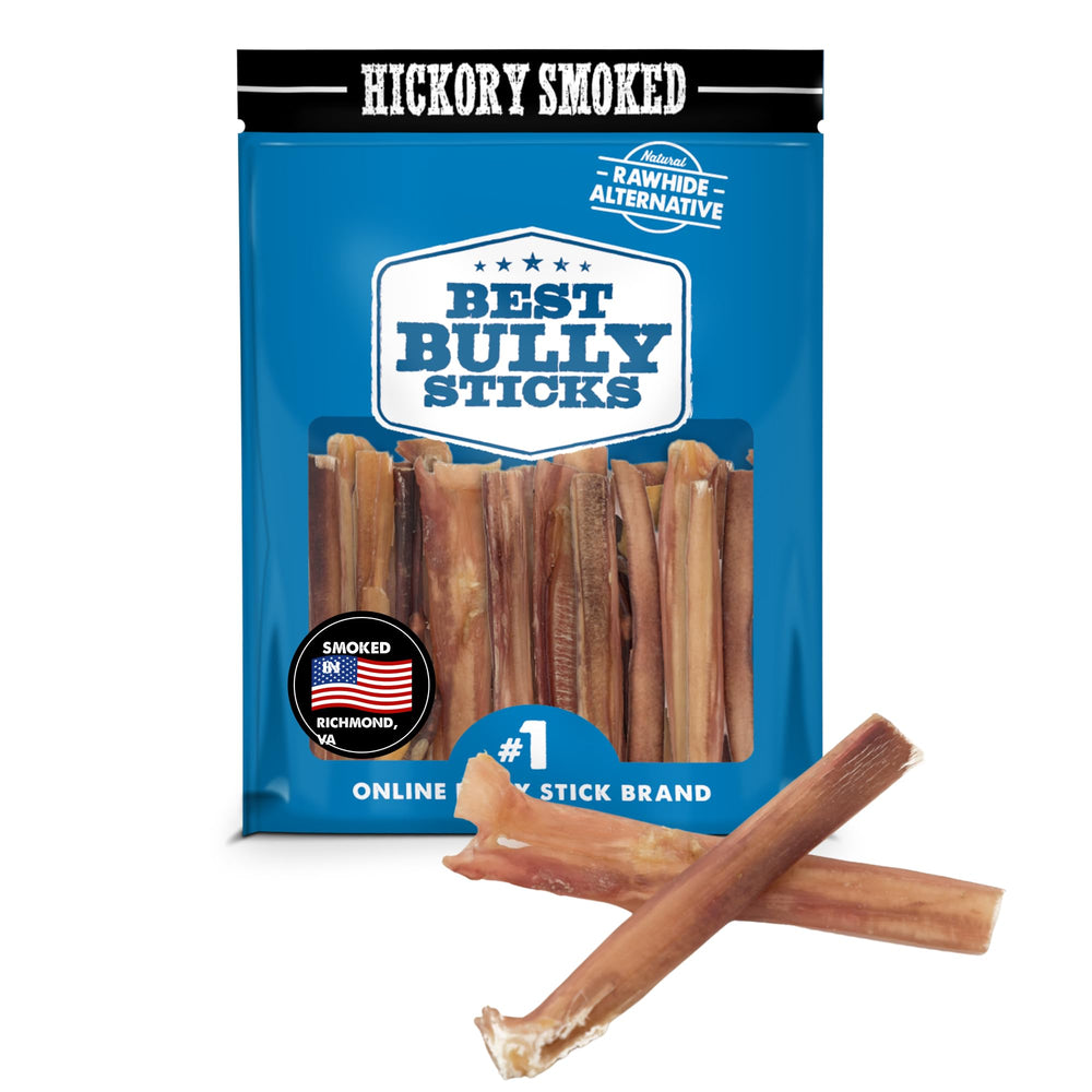 Best Bully Sticks Hickory Smoked 4in pack front with 8 oz beef chews for dogs.