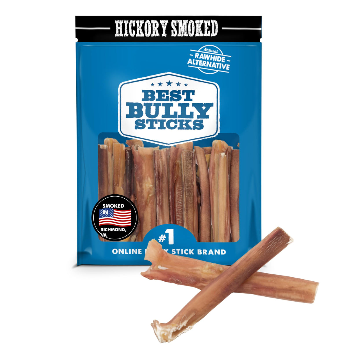 Best Bully Sticks Hickory Smoked 4in pack front with 8 oz beef chews for dogs.