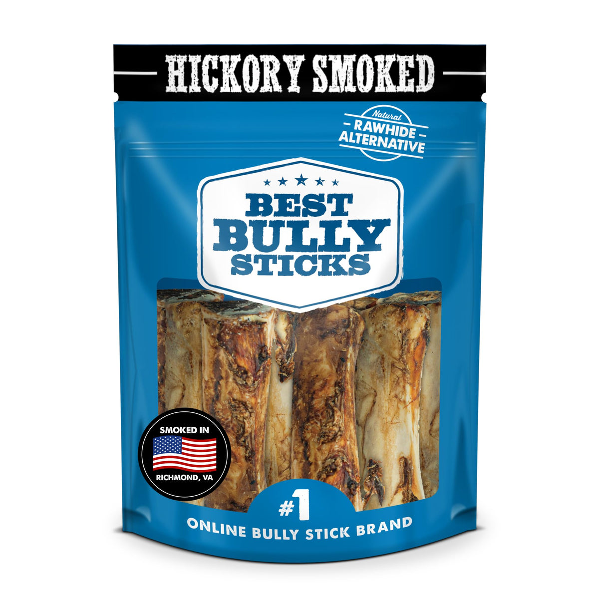 Best Bully Sticks Hickory Smoked Marrow Bones front view pack, long-lasting chew for large dogs