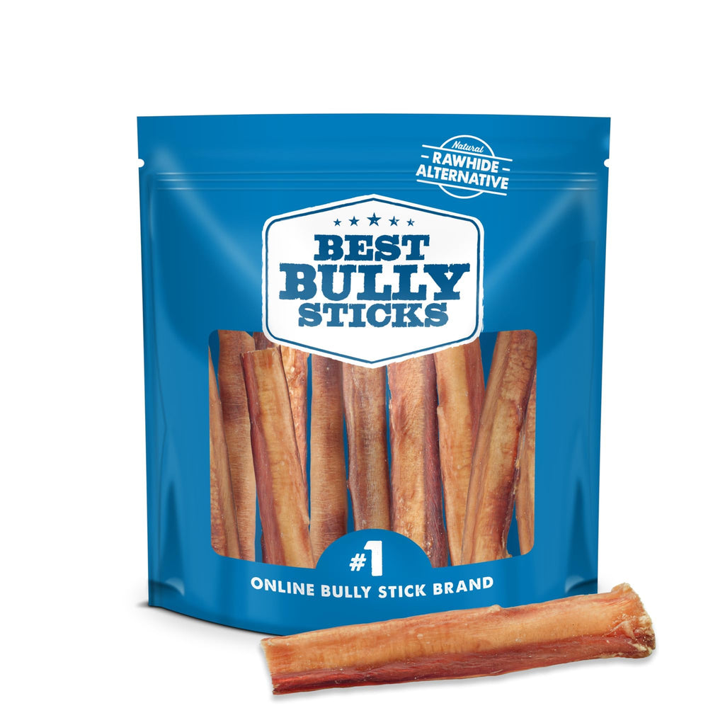 Best Bully Sticks thick 6-inch dog chews promote dental care during chewing sessions.