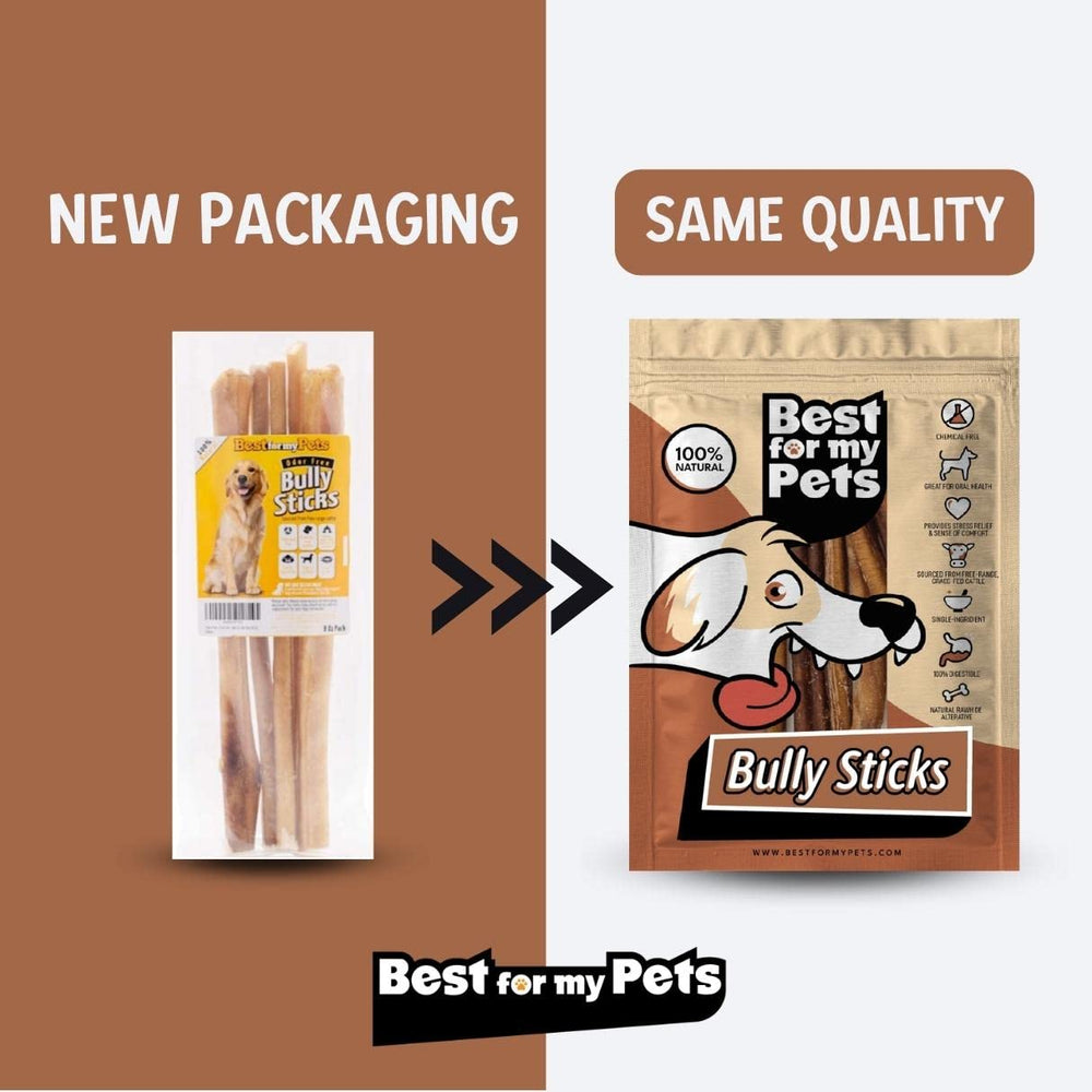 Best For My Pets 12-inch odor-free bully stick packaging closeup features