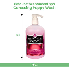 Best Shot Scentament Spa Caressing Puppy Wash foamy lather emphasizes tearless, hypoallergenic formula for pets.