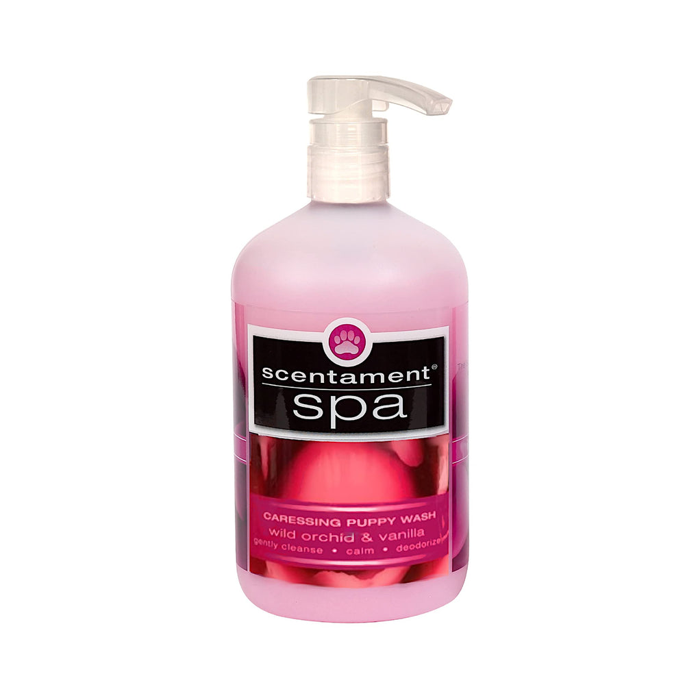 Best Shot Scentament Spa Caressing Puppy Wash bottle highlights wild orchid vanilla scent for calming aromatherapy.