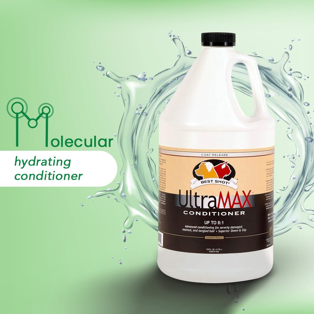 Best Shot UltraMAX Pro Conditioner label closeup reveals premium ingredients for nourished coat strength.