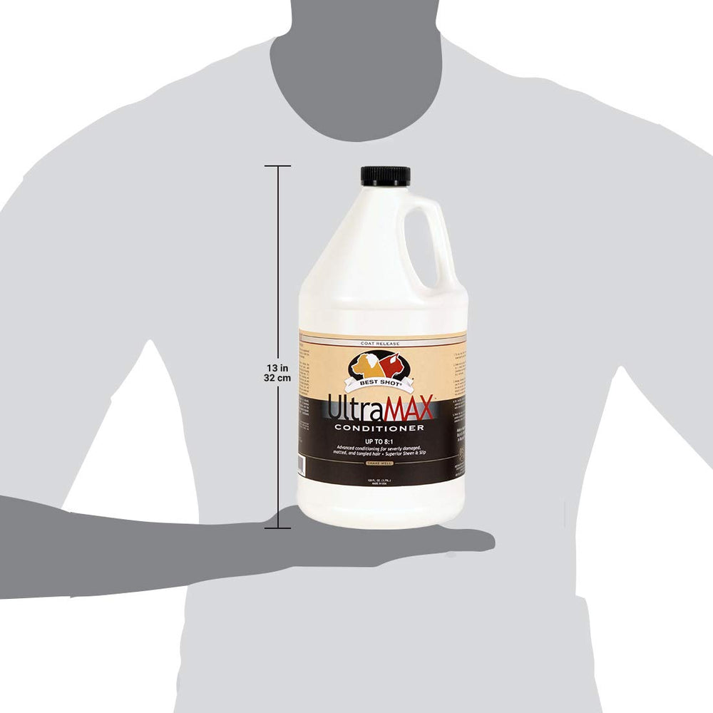 Best Shot UltraMAX Pro Conditioner pouring-dilution illustrates 8:1 customization for coat care.
