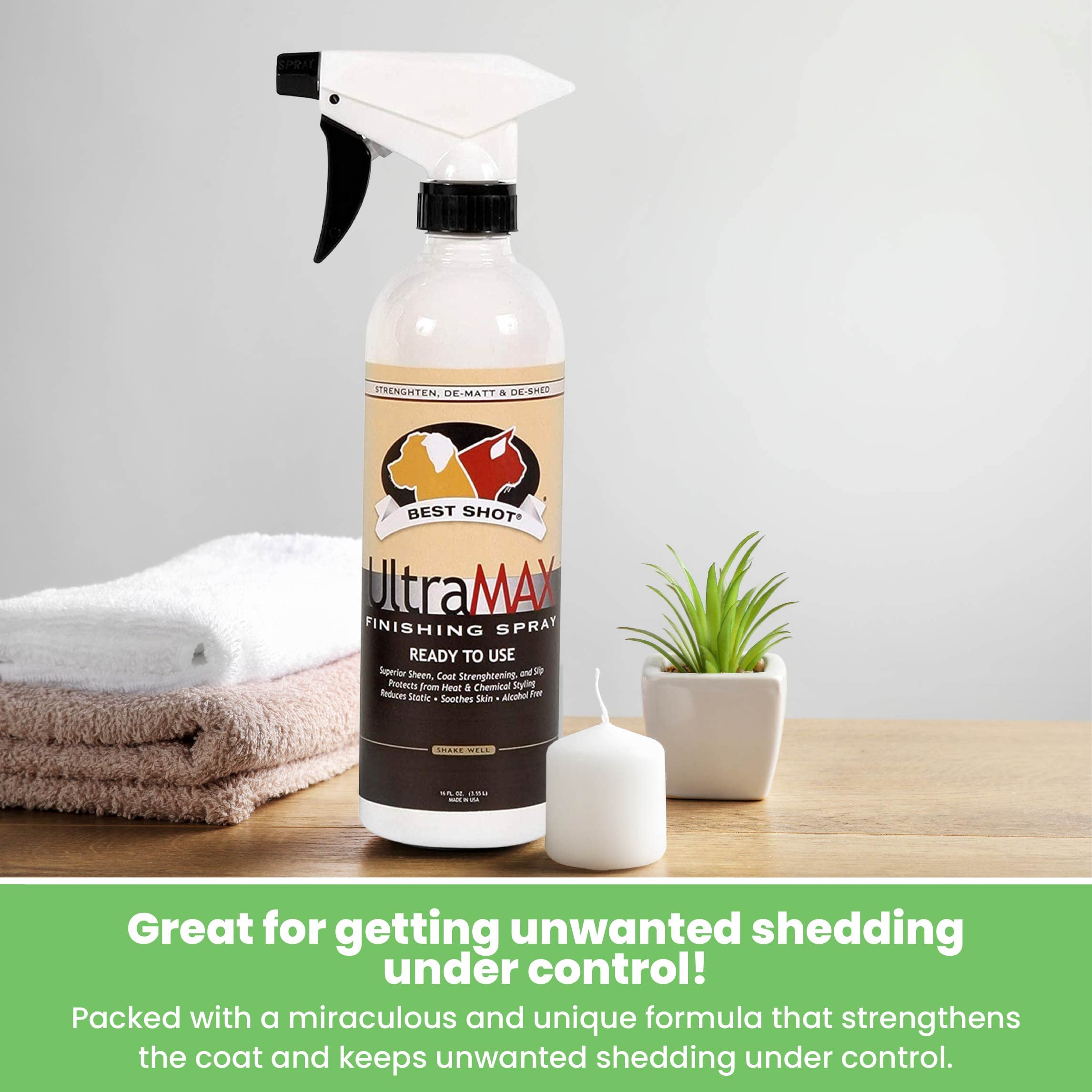 Best Shot UltraMAX Pro Finishing Spray demonstrates alcohol-free, pet-friendly formula.