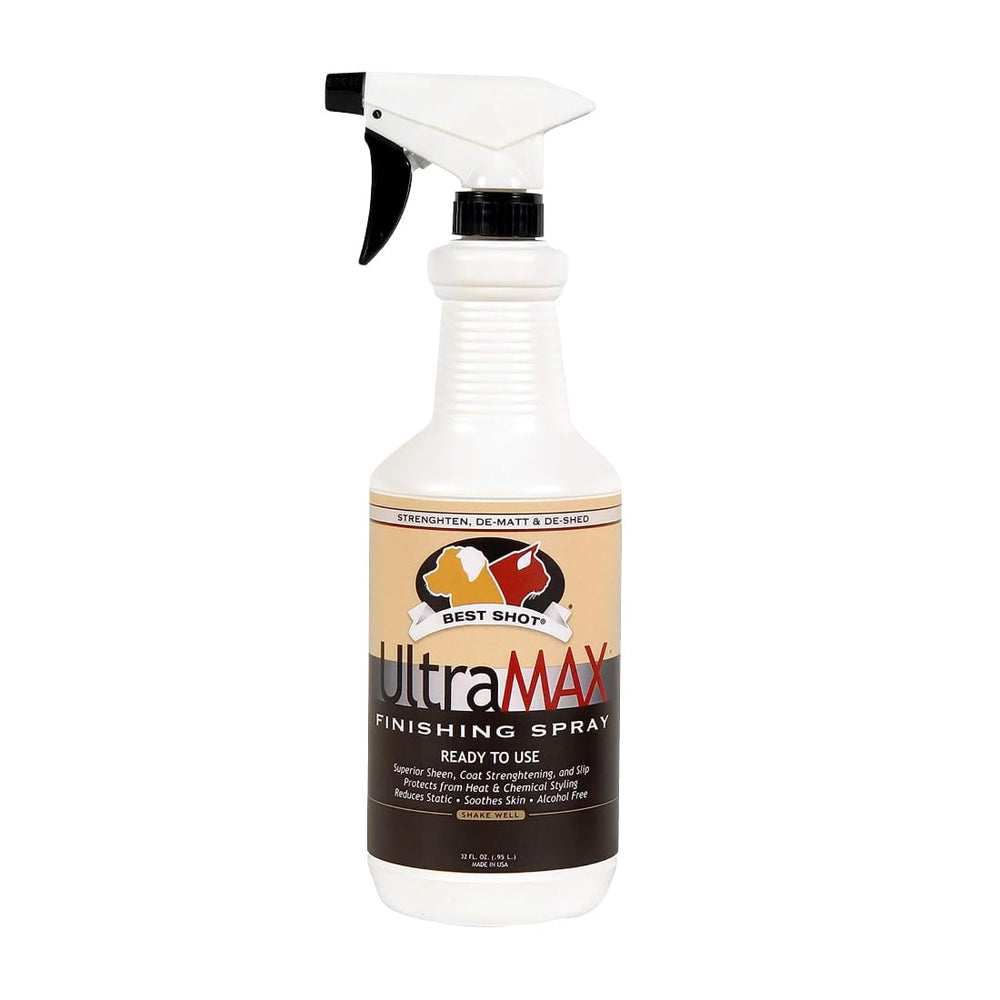 Best Shot UltraMAX Pro Finishing Spray bottle demonstrates detangling ease and glossy coat after bath