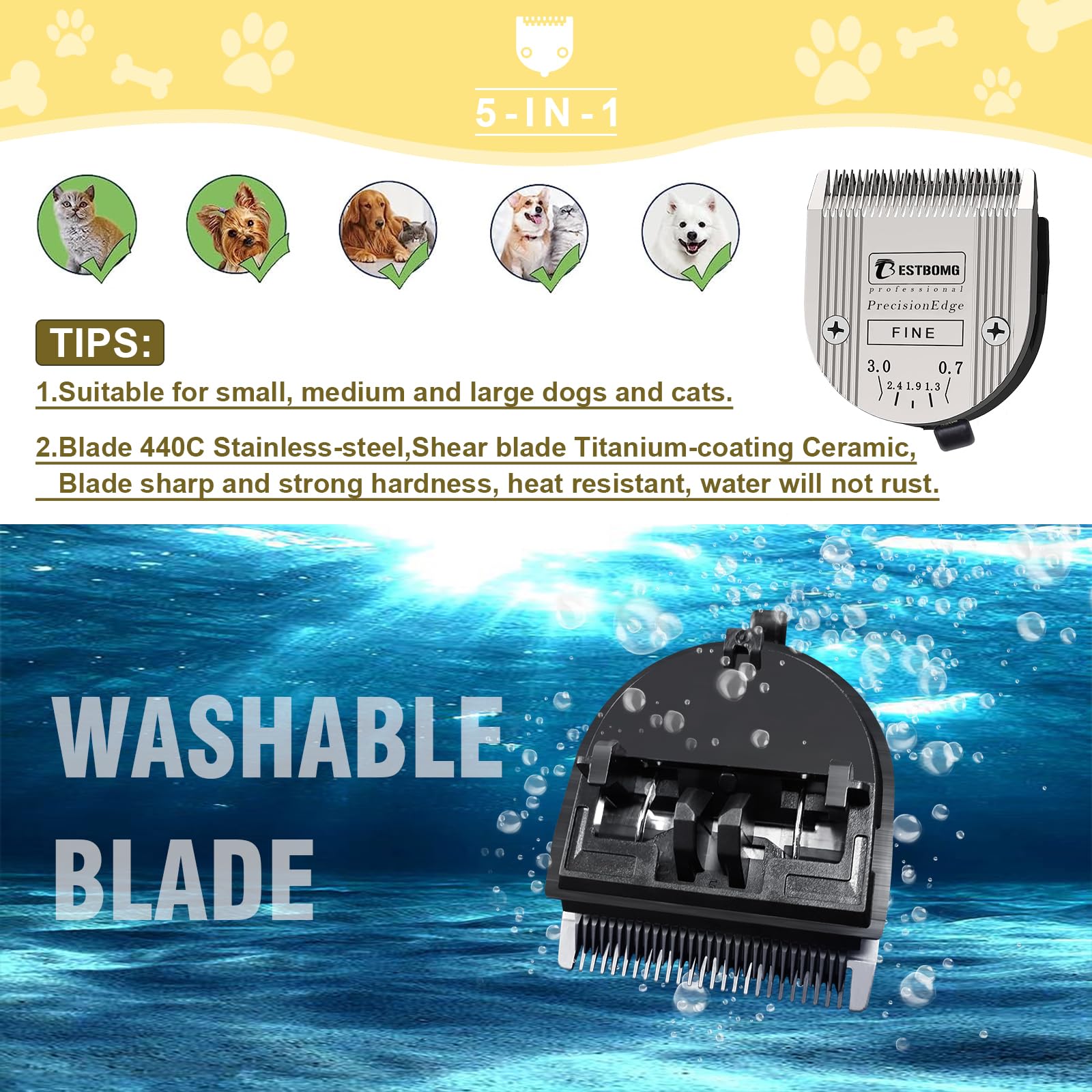 BESTBOMG blade water-resistant and low-noise design supports quiet grooming sessions.