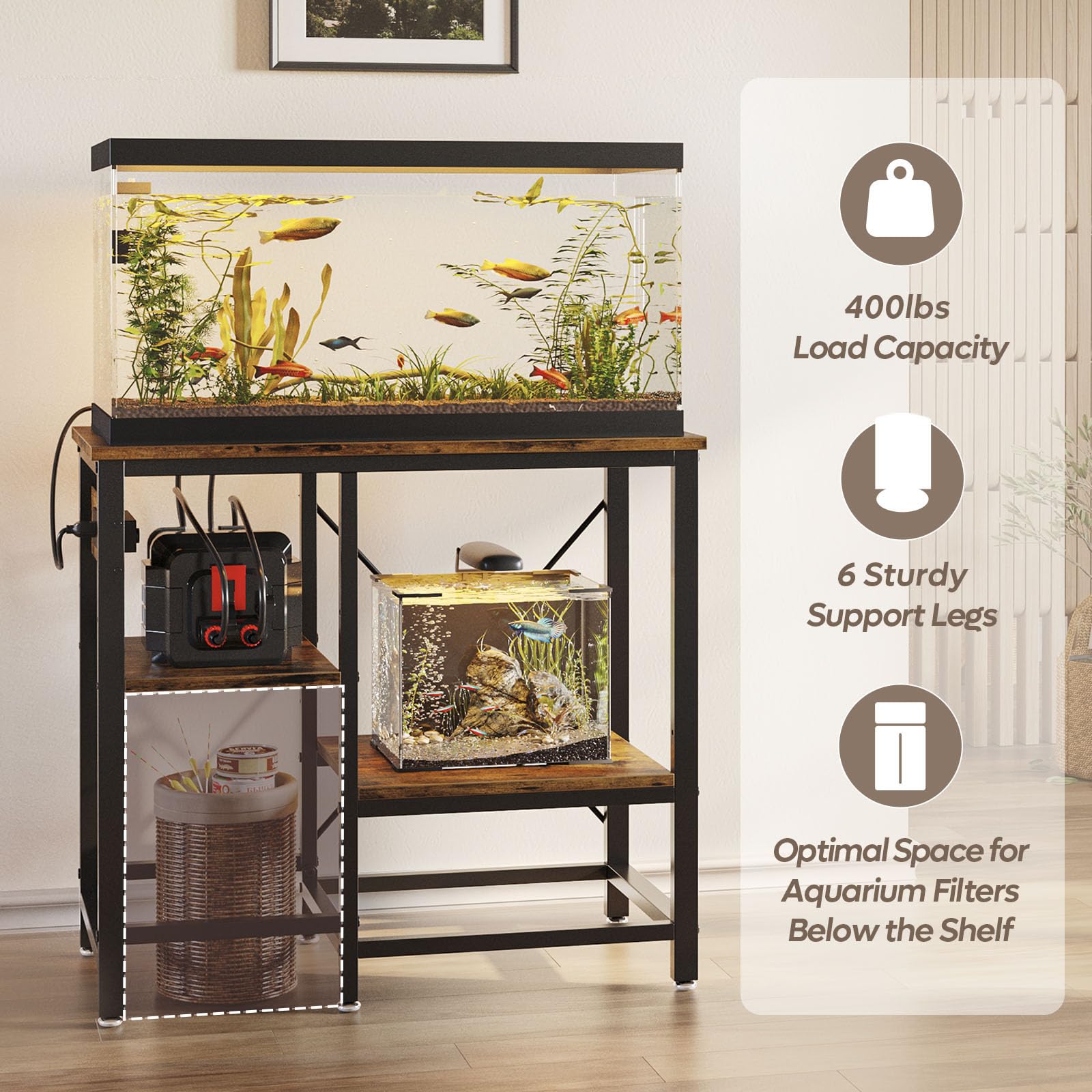Bestier aquarium stand with power outlets demonstrates integrated outlets for devices.