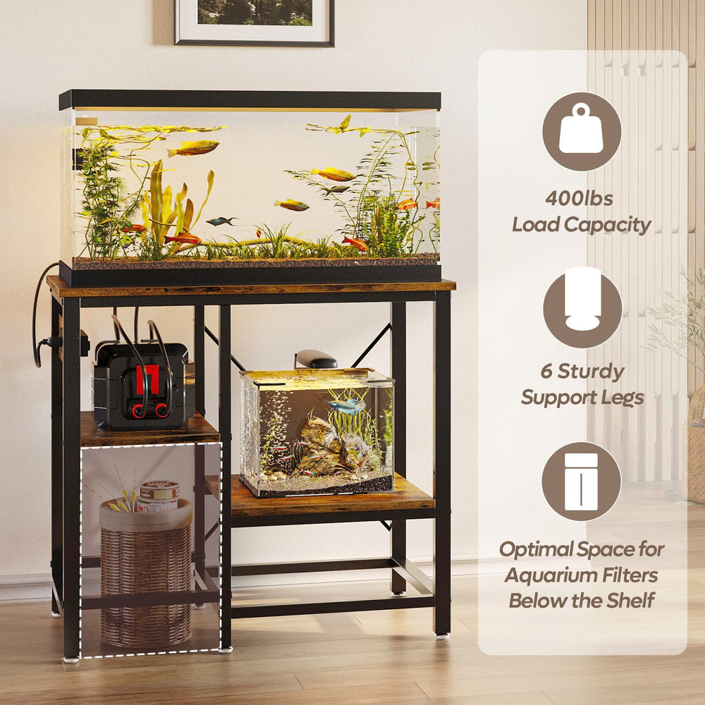 Bestier aquarium stand with power outlets demonstrates integrated outlets for devices.
