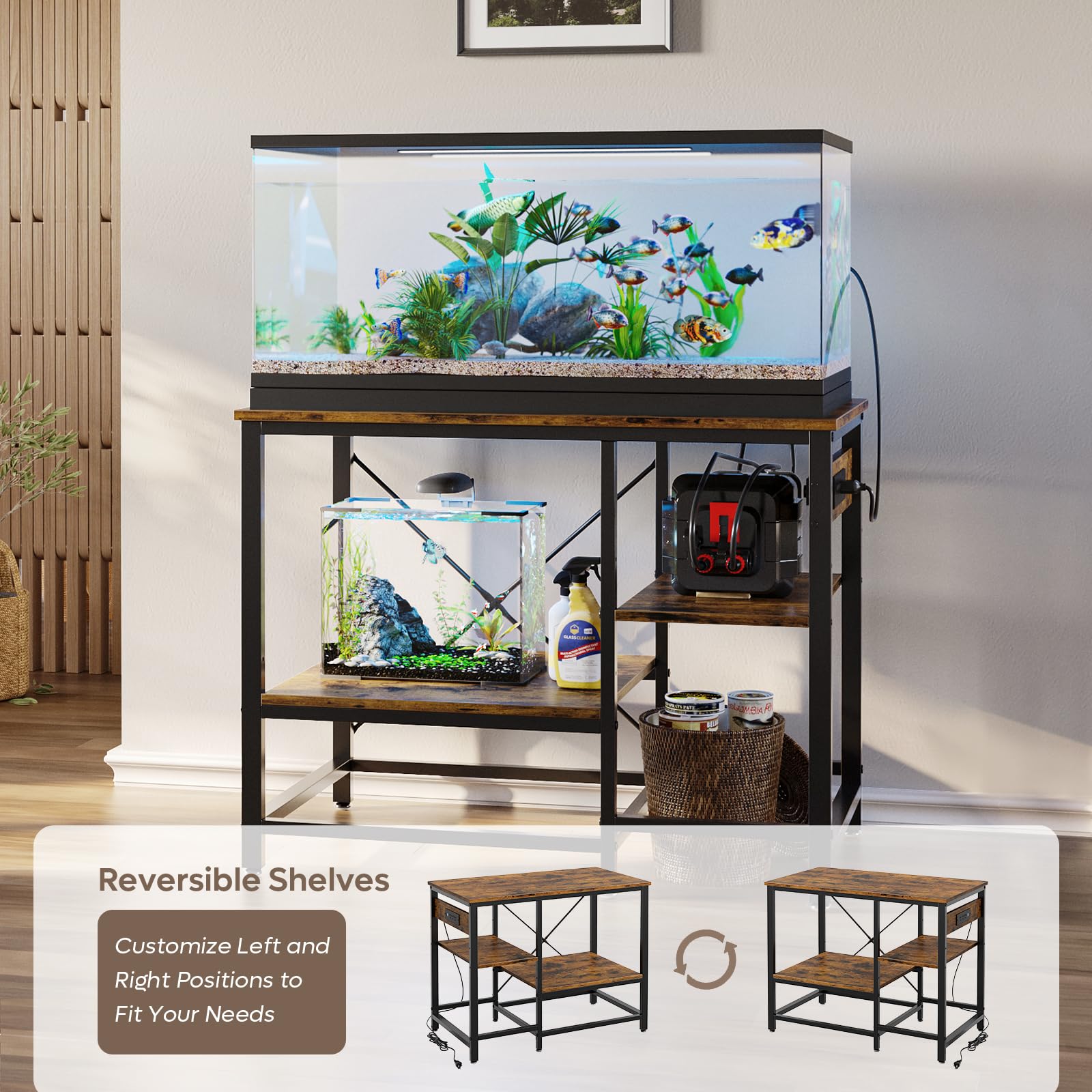 Bestier adjustable storage shelves image highlights canister filter storage and gear organization
