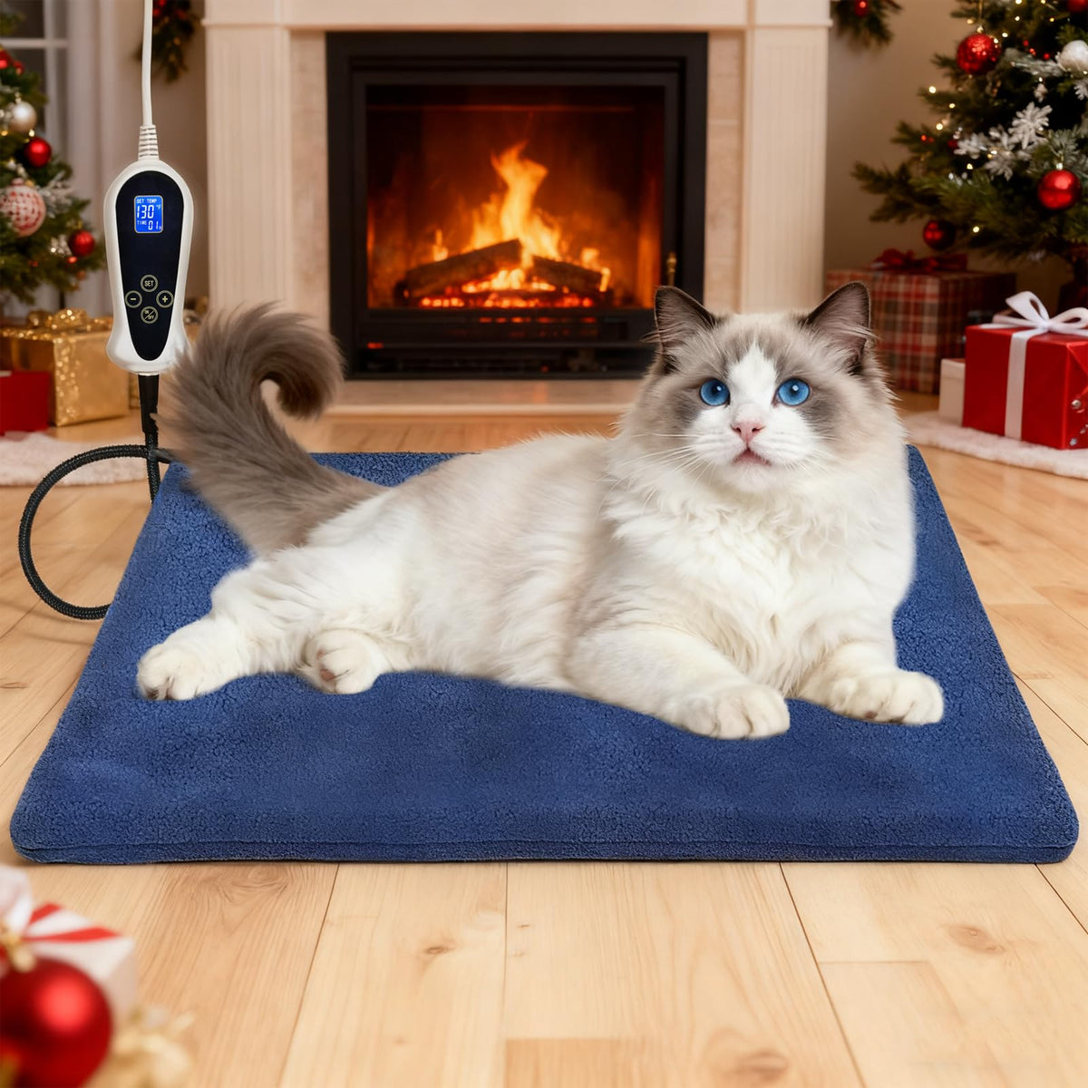 Bestio cat heating pad 18x18 blue cover provides a warm, cozy bed.