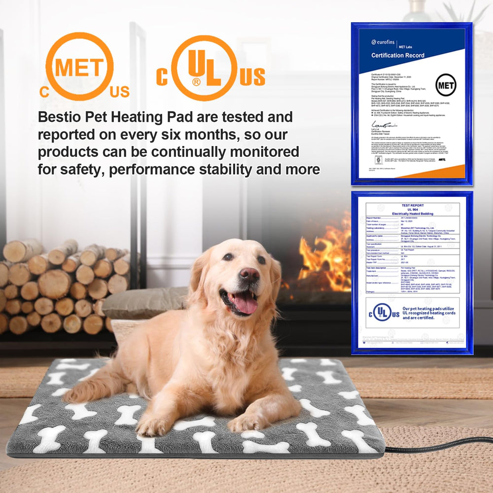 Bestio dog heating pad shows adjustable temperature range for safe warmth.