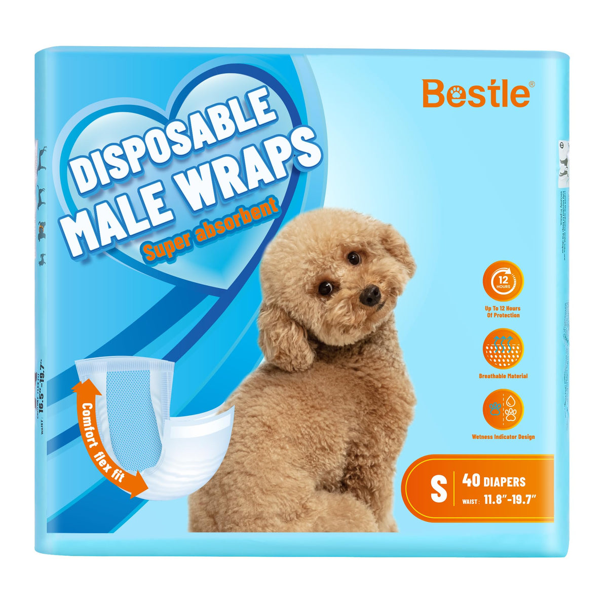 Bestle Male Dog Wrap packaging demonstrates leak protection for on-the-go potty times.