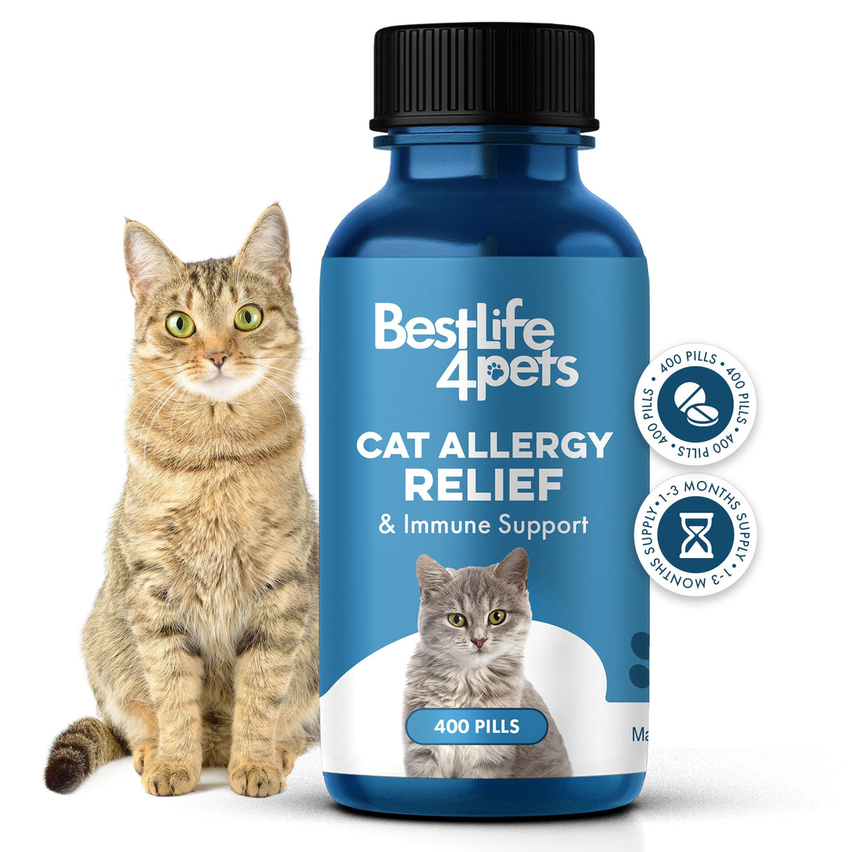 BestLife4Pets cat allergy relief bottle showing daily use for itching and sneezing support