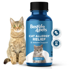 BestLife4Pets cat allergy relief bottle showing daily use for itching and sneezing support