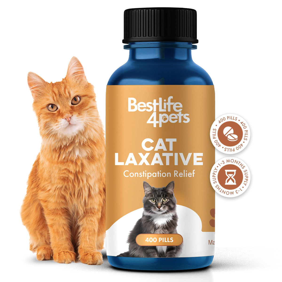 BestLife4Pets cat-laxative-bottle shows odorless, gentle relief for regular stools.