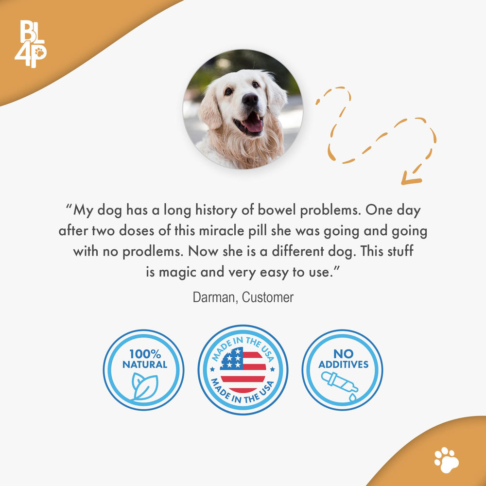 BestLife4Pets constipation relief for dogs pills image highlights gentle stool-softening action