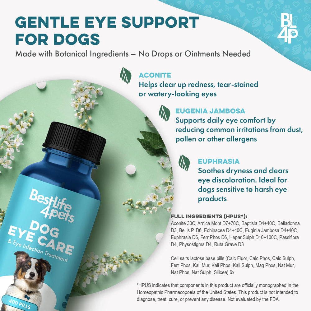 BestLife4Pets ingredients-labeled tub demonstrates gluten-free, non-GMO eye health support.