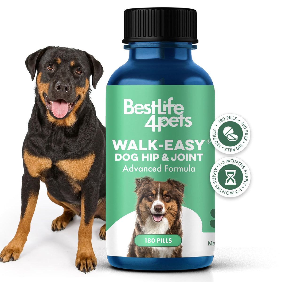 BestLife4Pets large-breed hip joint bottle supports daily mobility for bigger dogs.