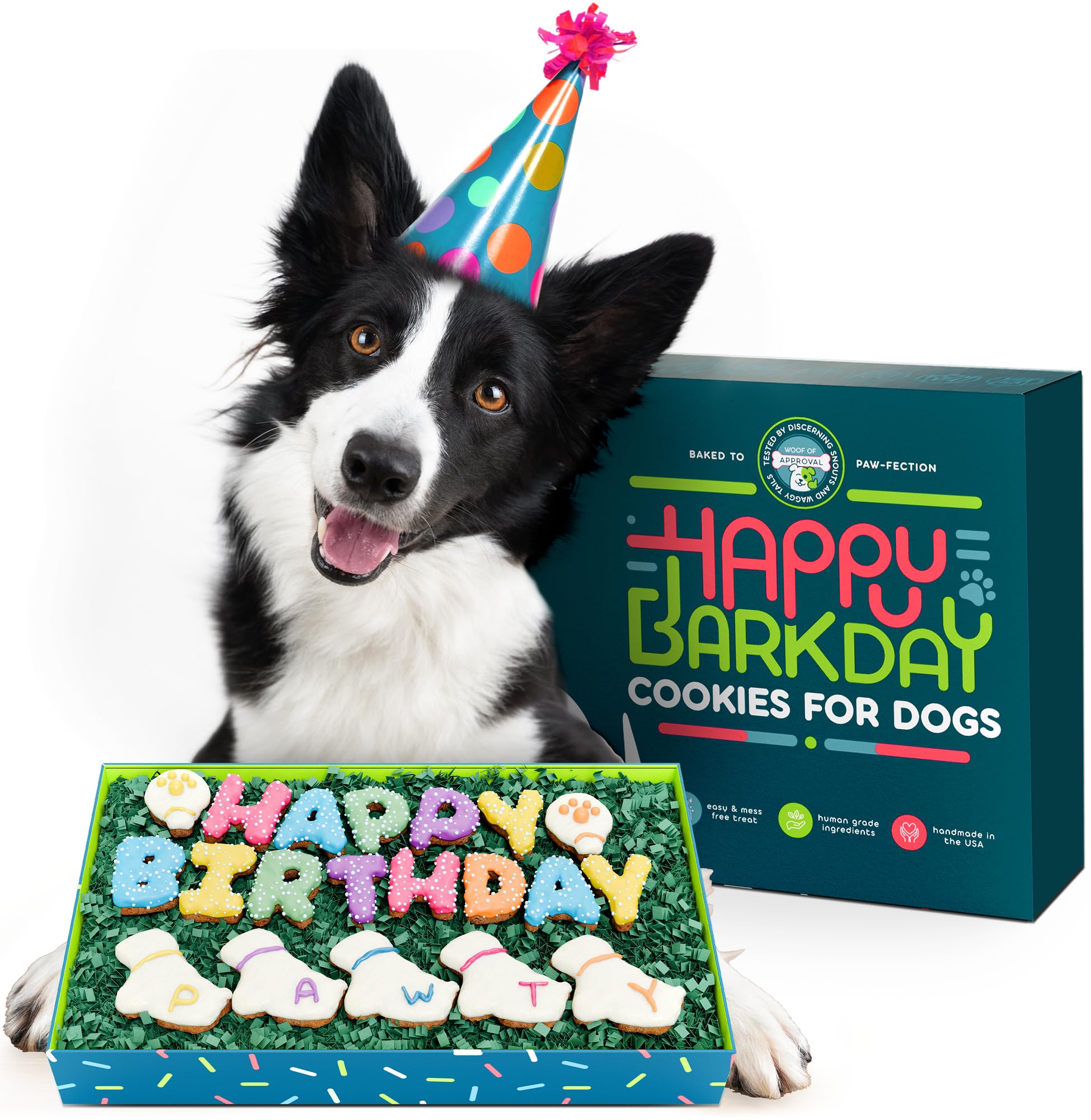 BETAPET Happy Birthday cookies for dogs arranged in a paw-shaped display for a party.