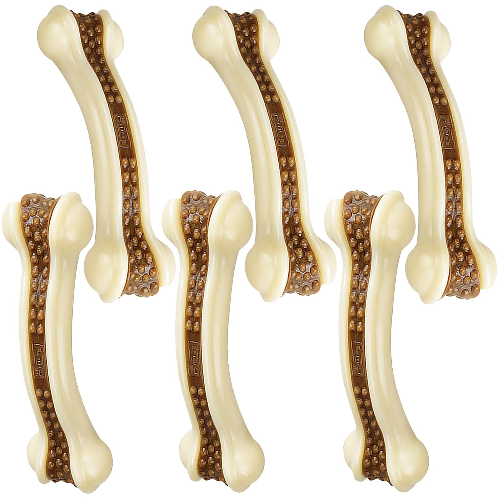 BETTEPROD Dog Chew Bones six-pack display shows durable nylon chews with beef flavor.