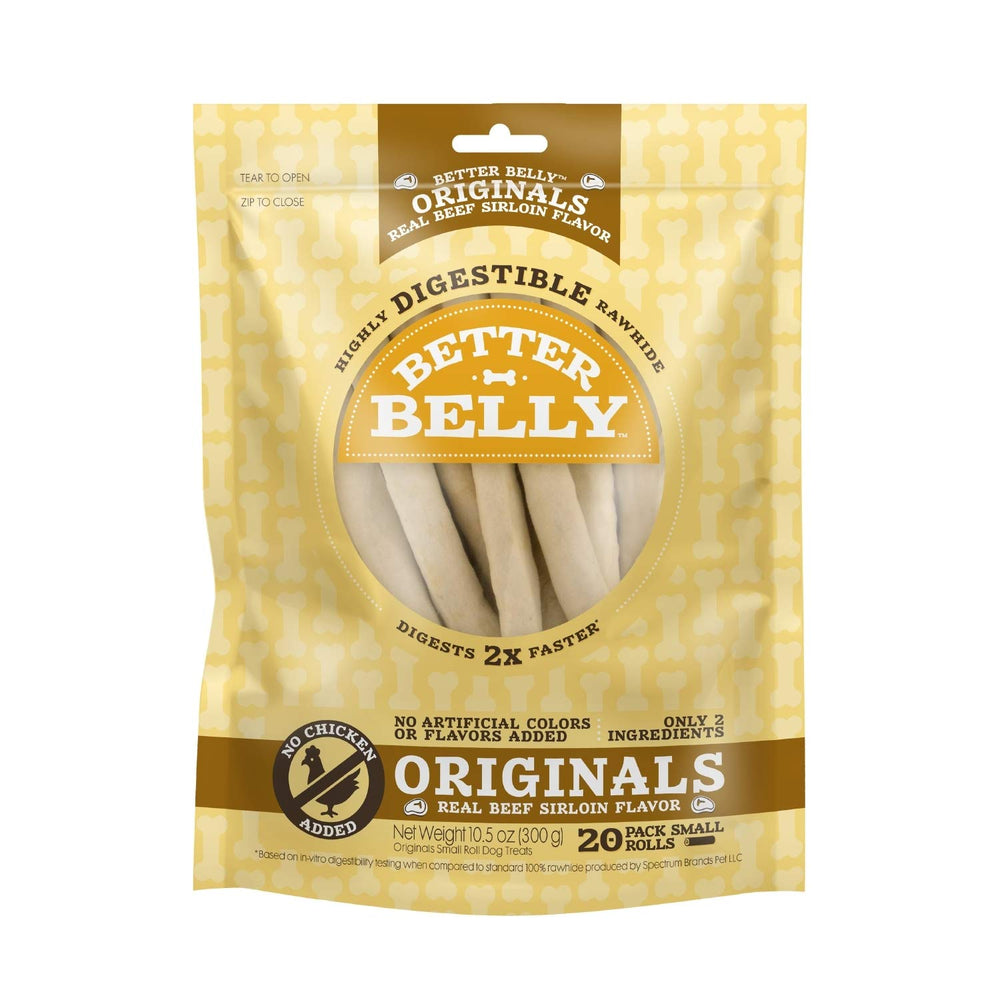 Better Belly Originals Small Rolls pack shot showcasing beef flavor and compact chew size.