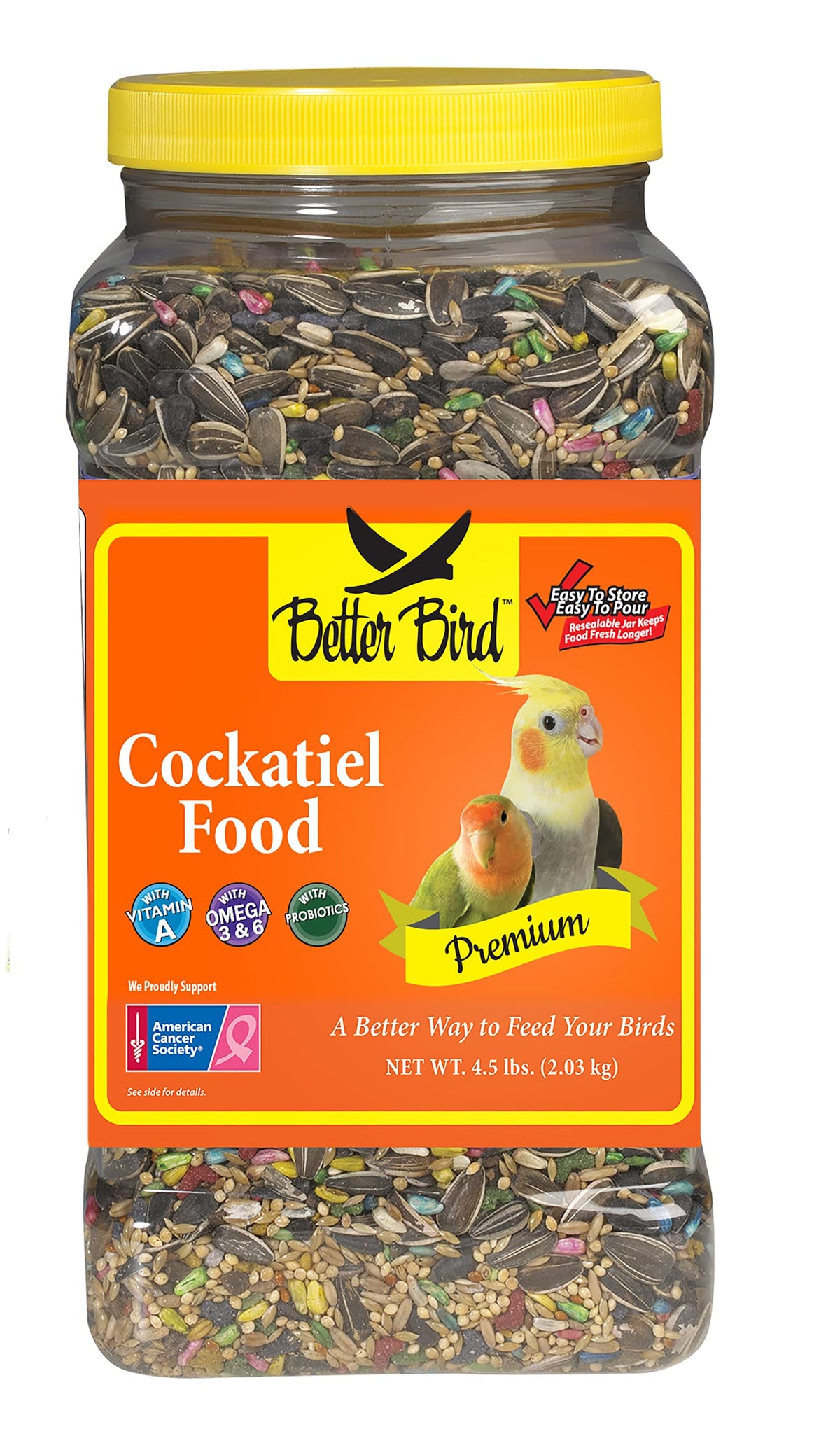 Better Bird premium cockatiel food jar with balanced seed blend for daily energy.