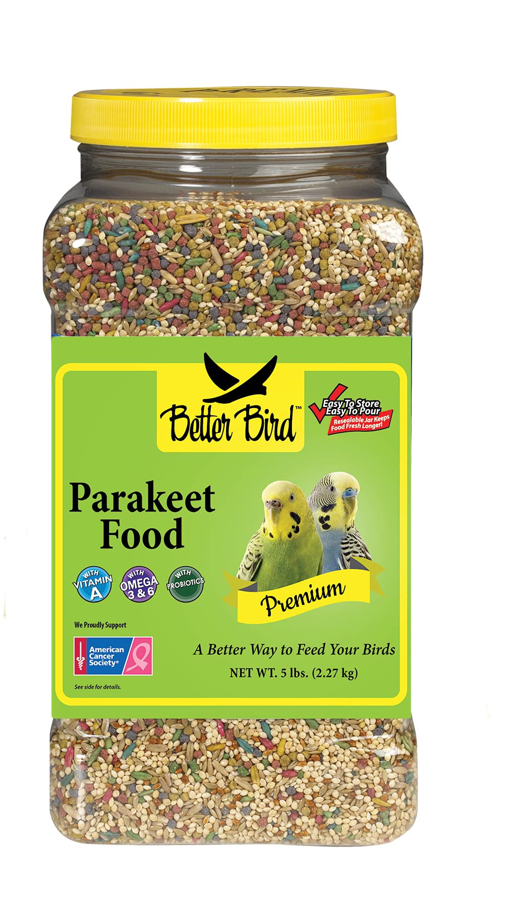 Better Bird premium parakeet food jar highlights a balanced blend for budgies