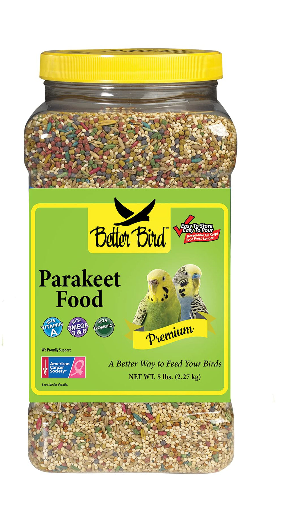 Better Bird premium parakeet food jar highlights a balanced blend for budgies