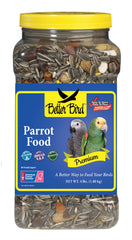 Better Bird Premium Parrot Food jar close-up, showing balanced ingredients for healthy plumage.