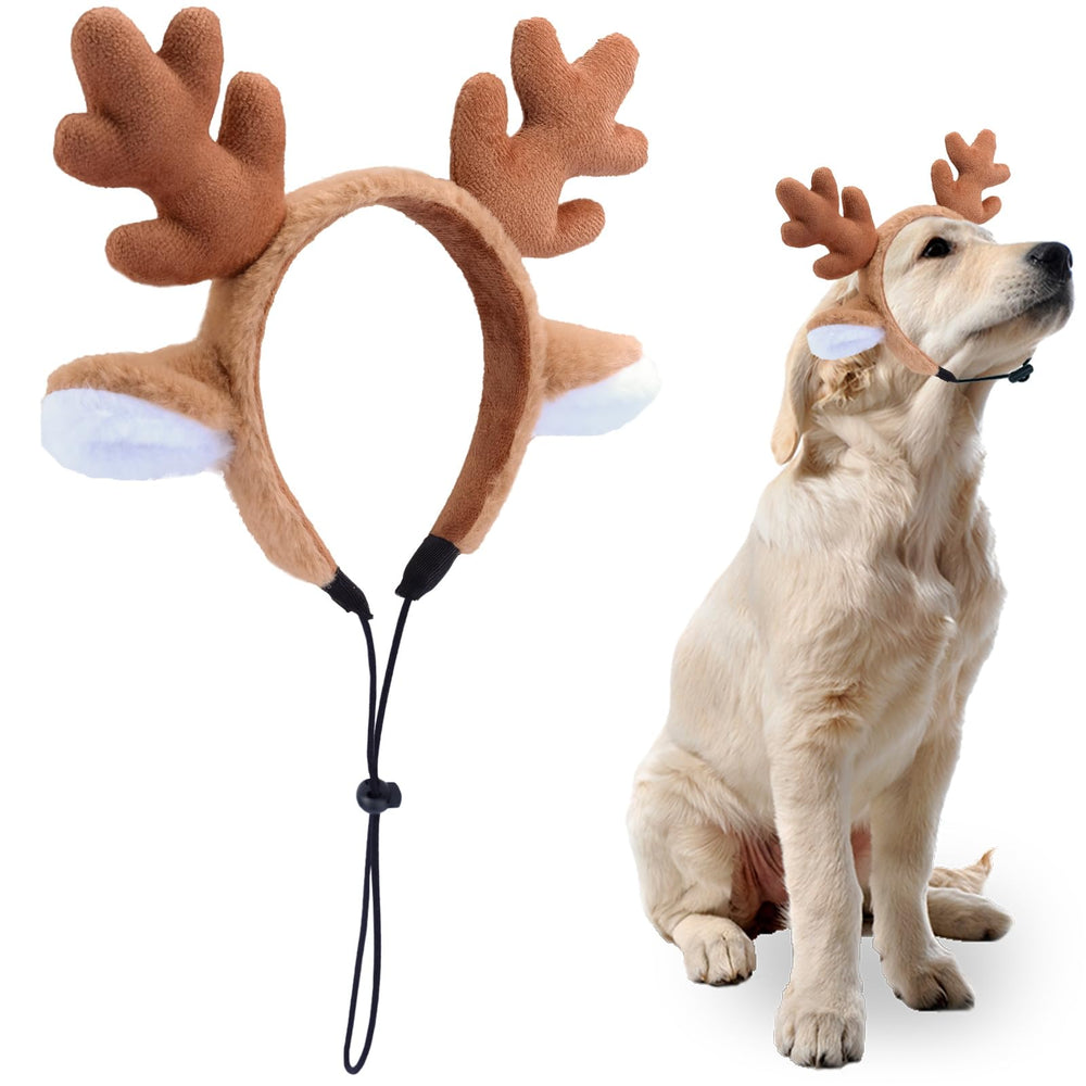 Beviliu dog reindeer headband on-dog-front for festive photos