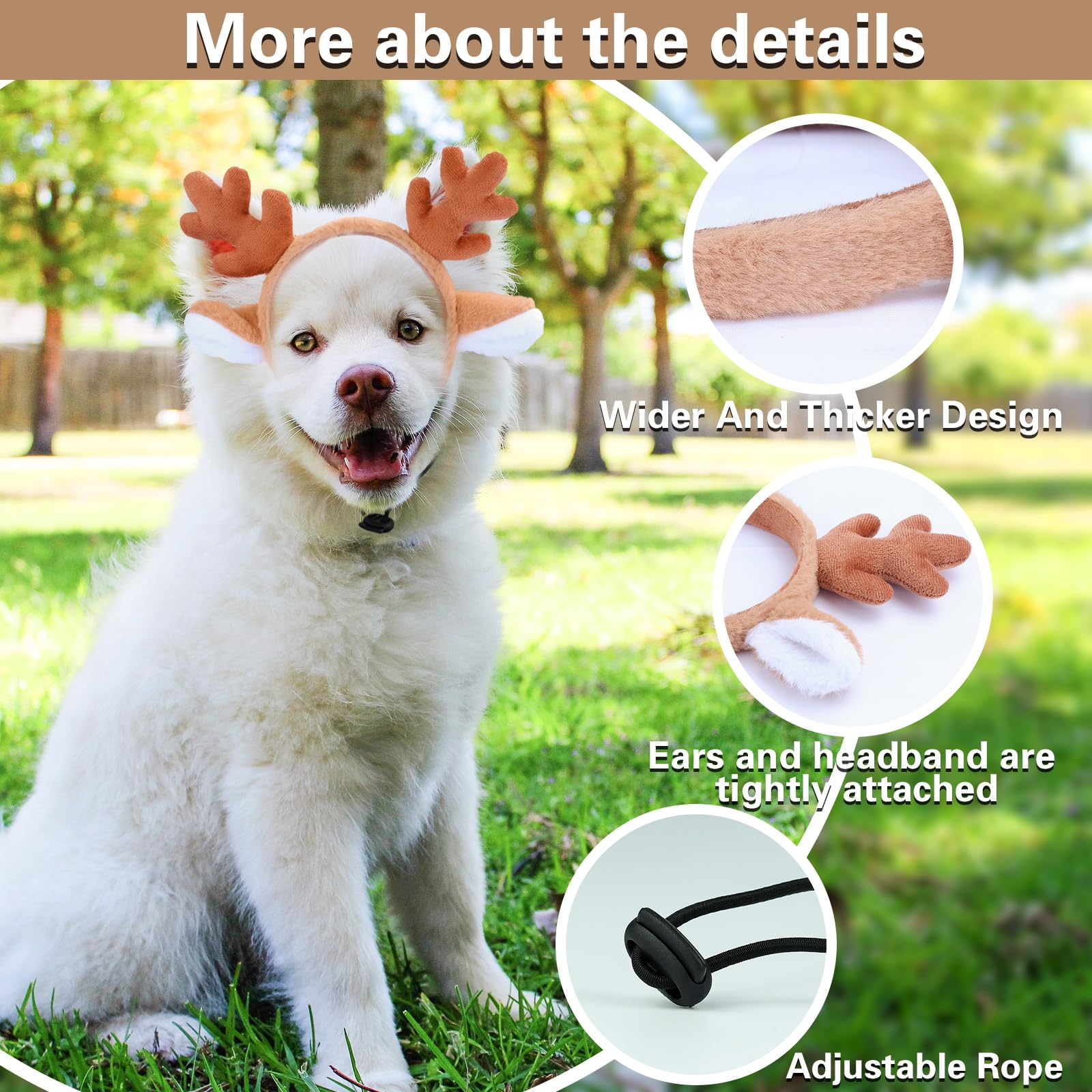 Beviliu dog reindeer headband on-dog-side with adjustable, comfortable fit