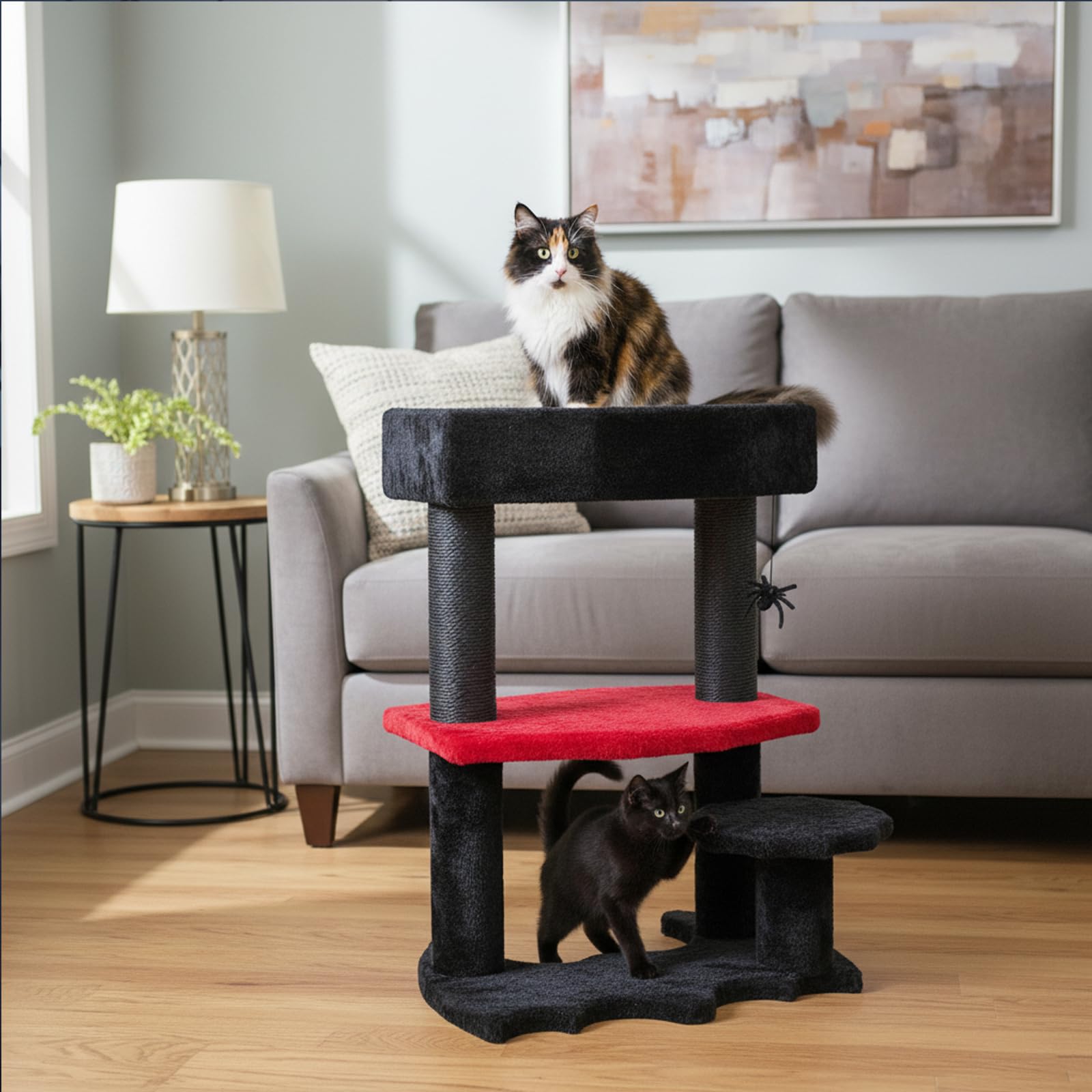 BEWISHOME Cat Tree spider toy engages hunting instincts during play in a gothic setting