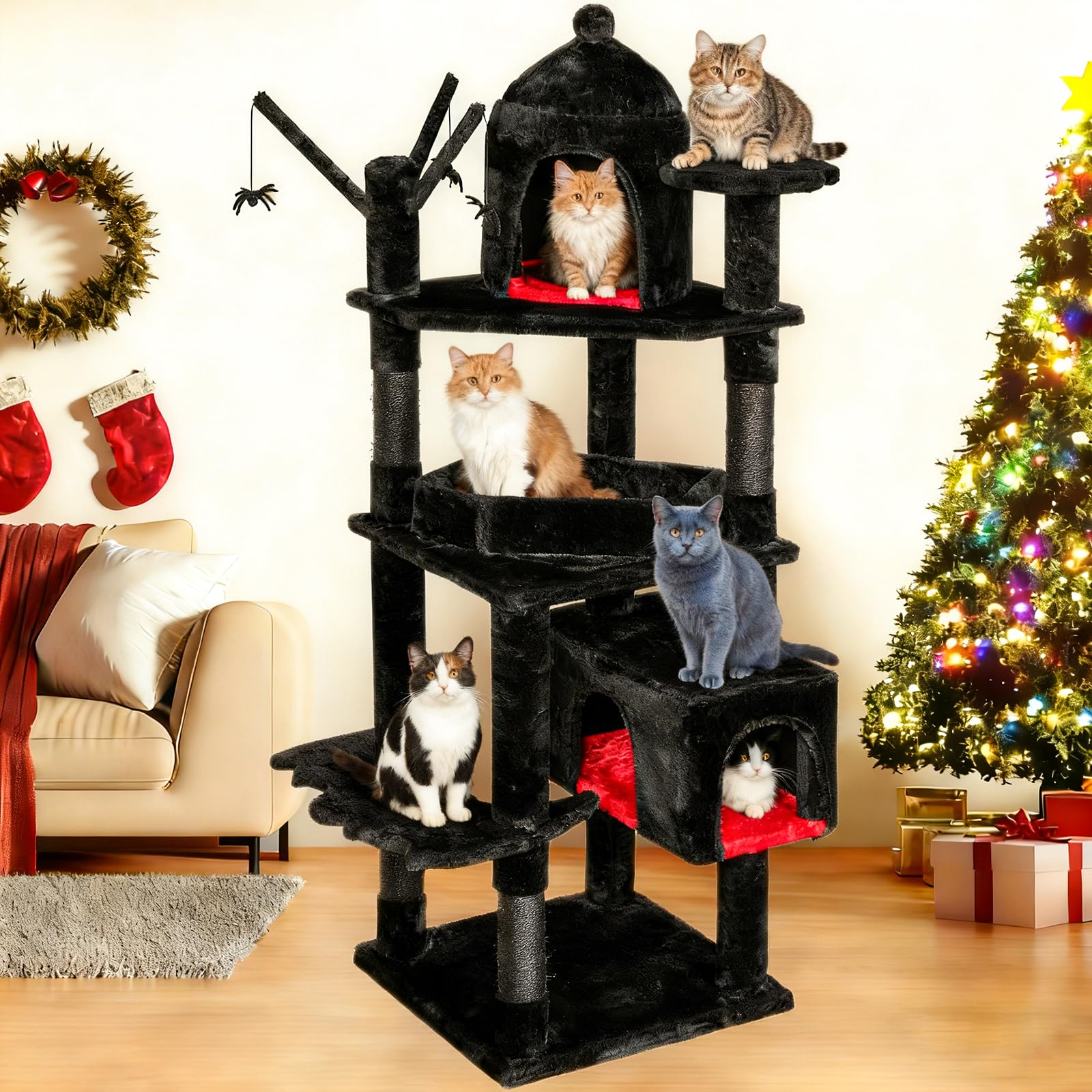 BEWISHOME gothic cat tree in black red plush enhances room ambiance