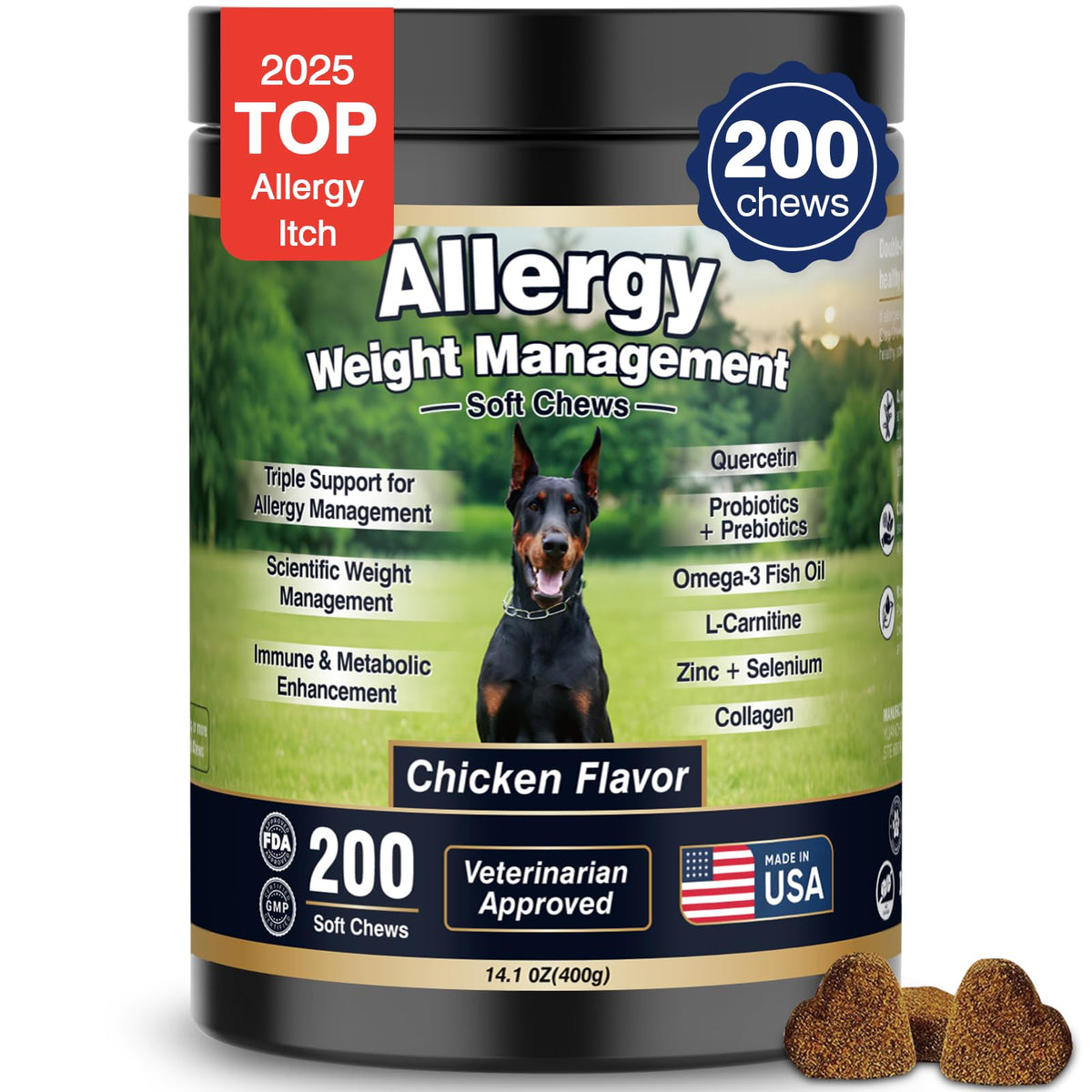 BFDEREN dog allergy relief chews bottle-front shows packaging for allergy support and immune balance.