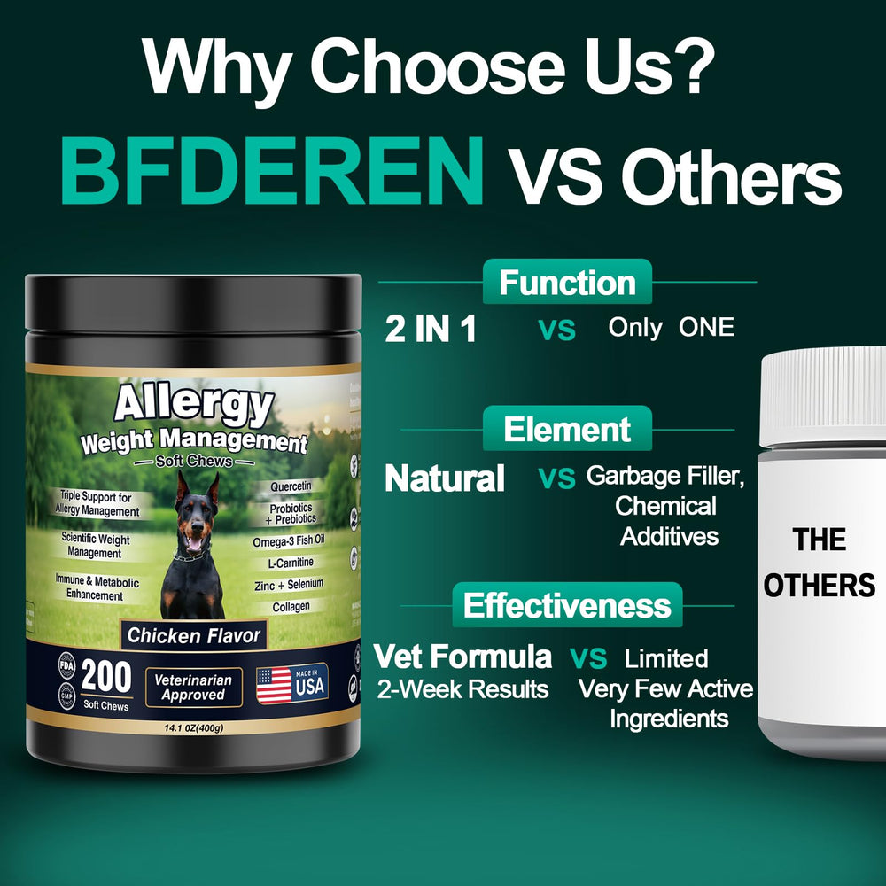BFDEREN product jar in-use scene suggesting probiotic and immune support for small to large dogs.
