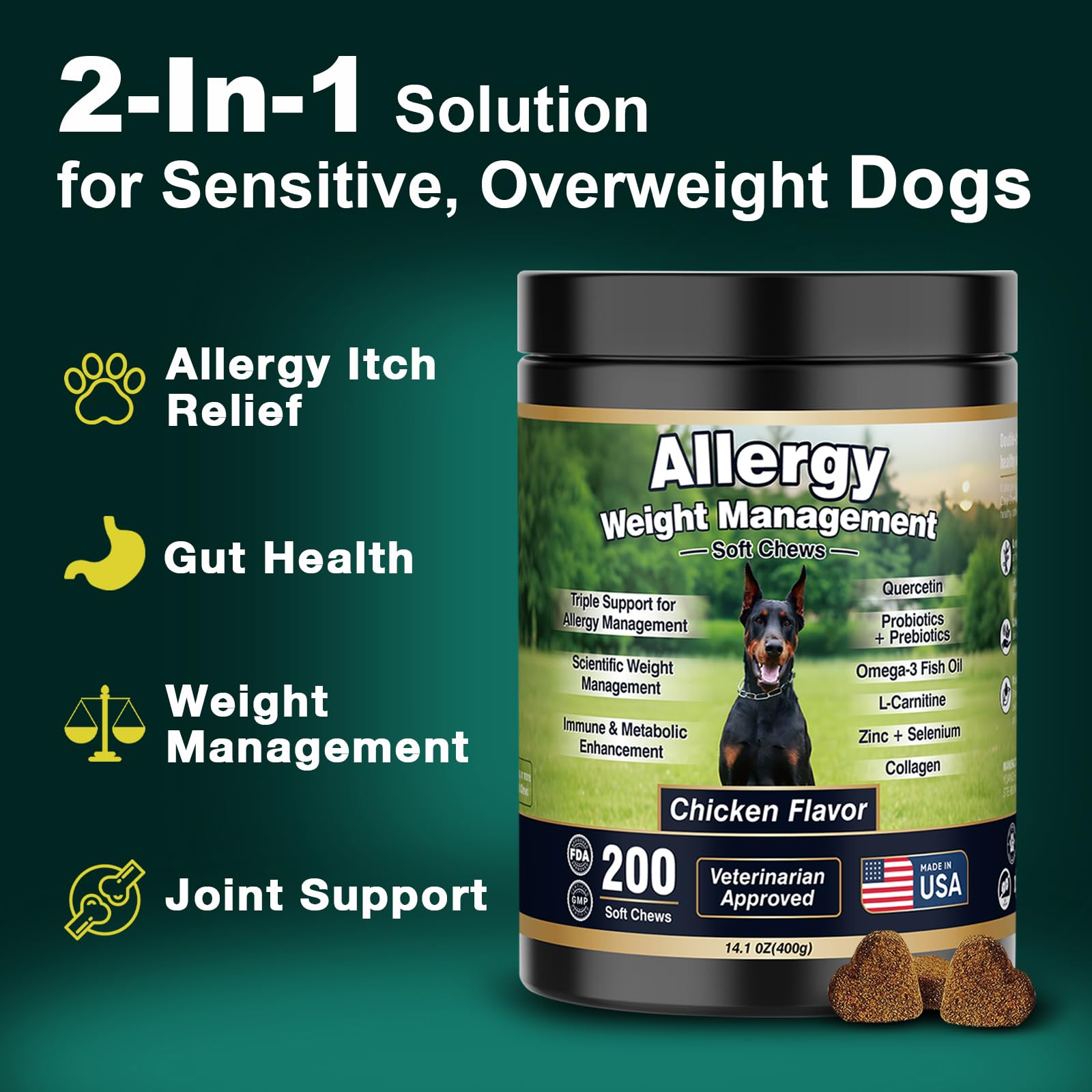 BFDEREN dog allergy chews soft chews close-up highlighting flavorful chicken formula for daily use.