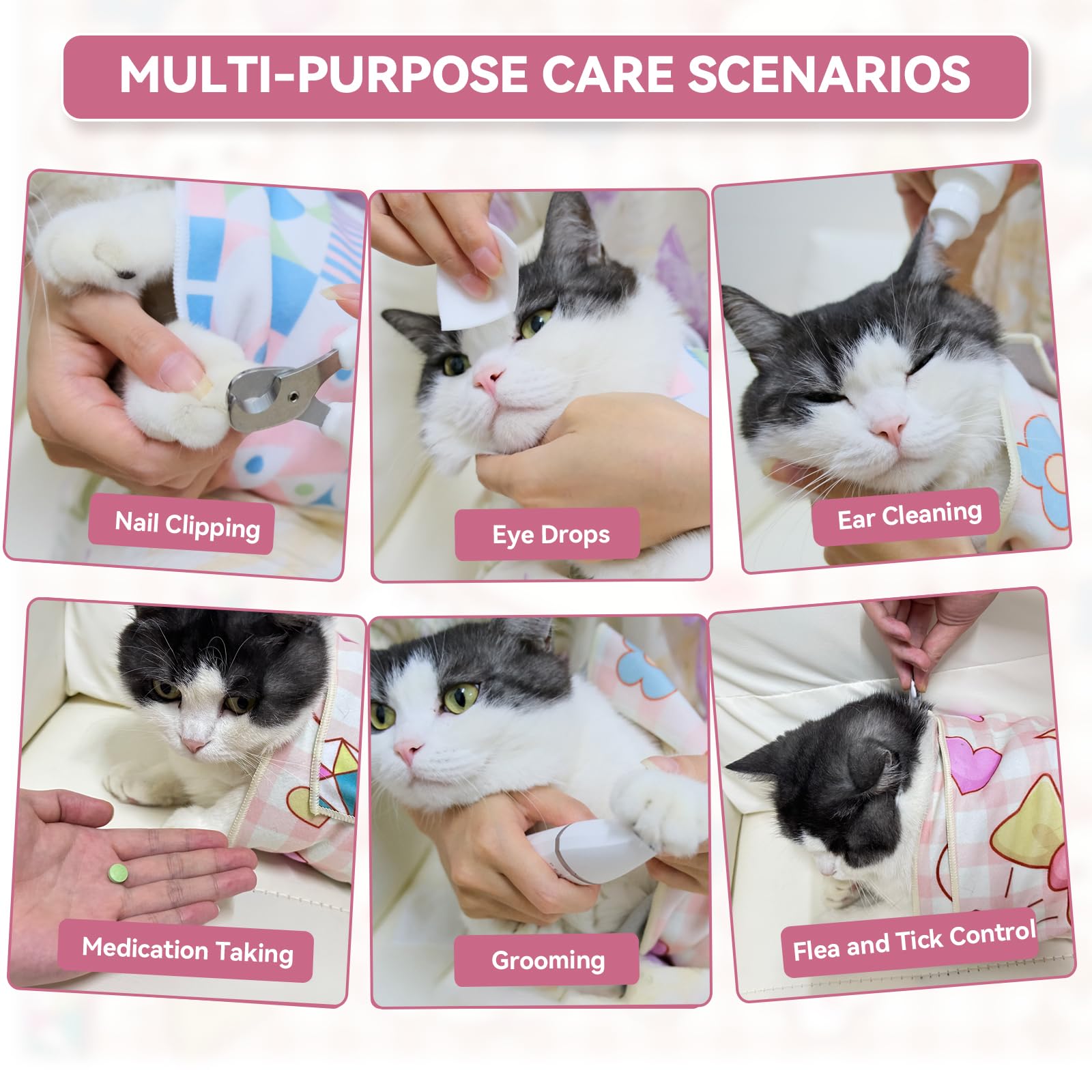BFNN cat grooming wrap used for ear cleaning to minimize struggle.