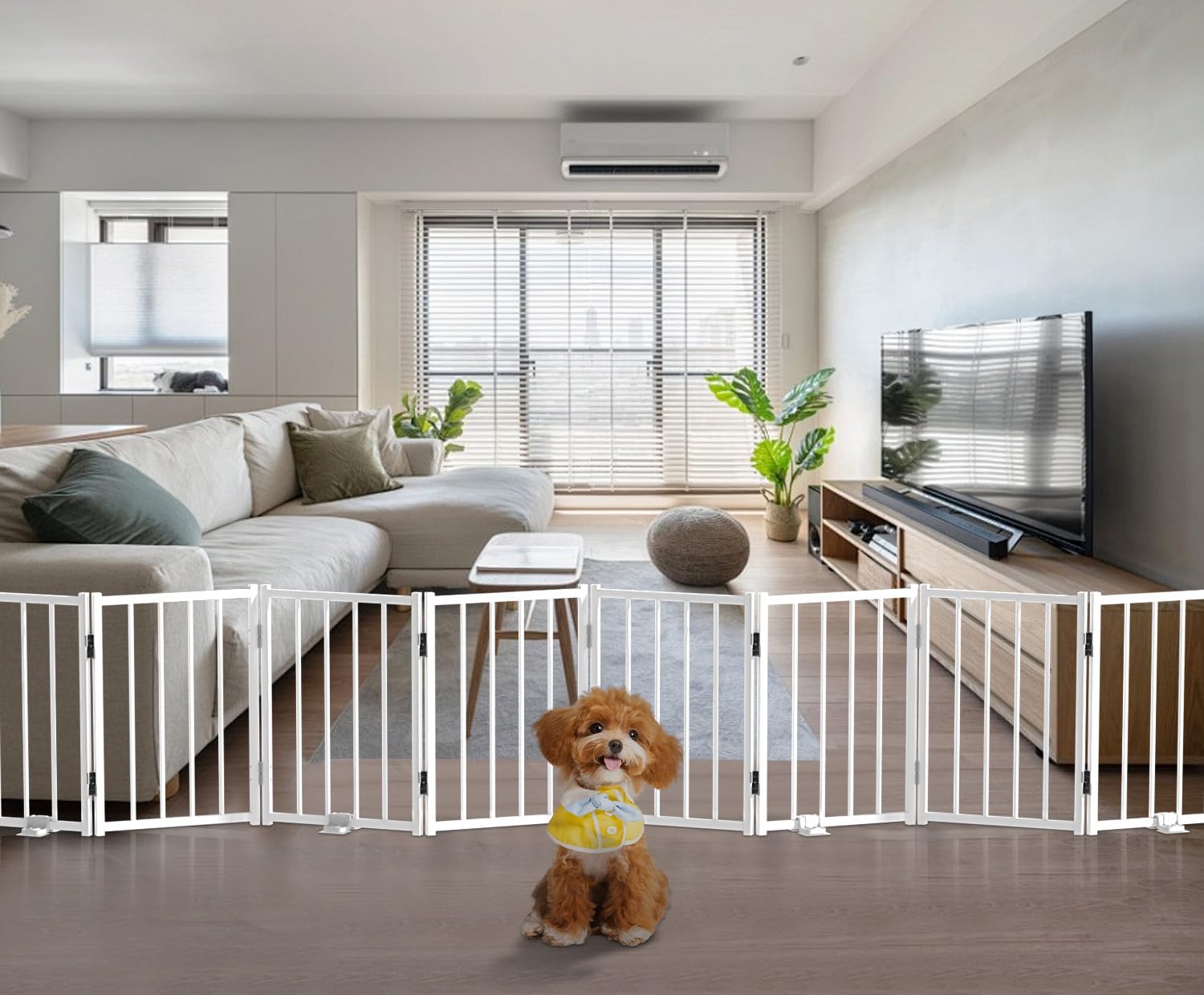 BFNN free-standing dog gate fully set up in living room for instant pet zoning.